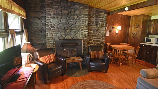 A cozy living room with a stone wall, leather furniture, a fireplace, and a dining area. - Countryside Cottages (Bartonsville)