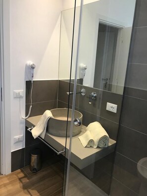 Shower, hair dryer, bidet, towels