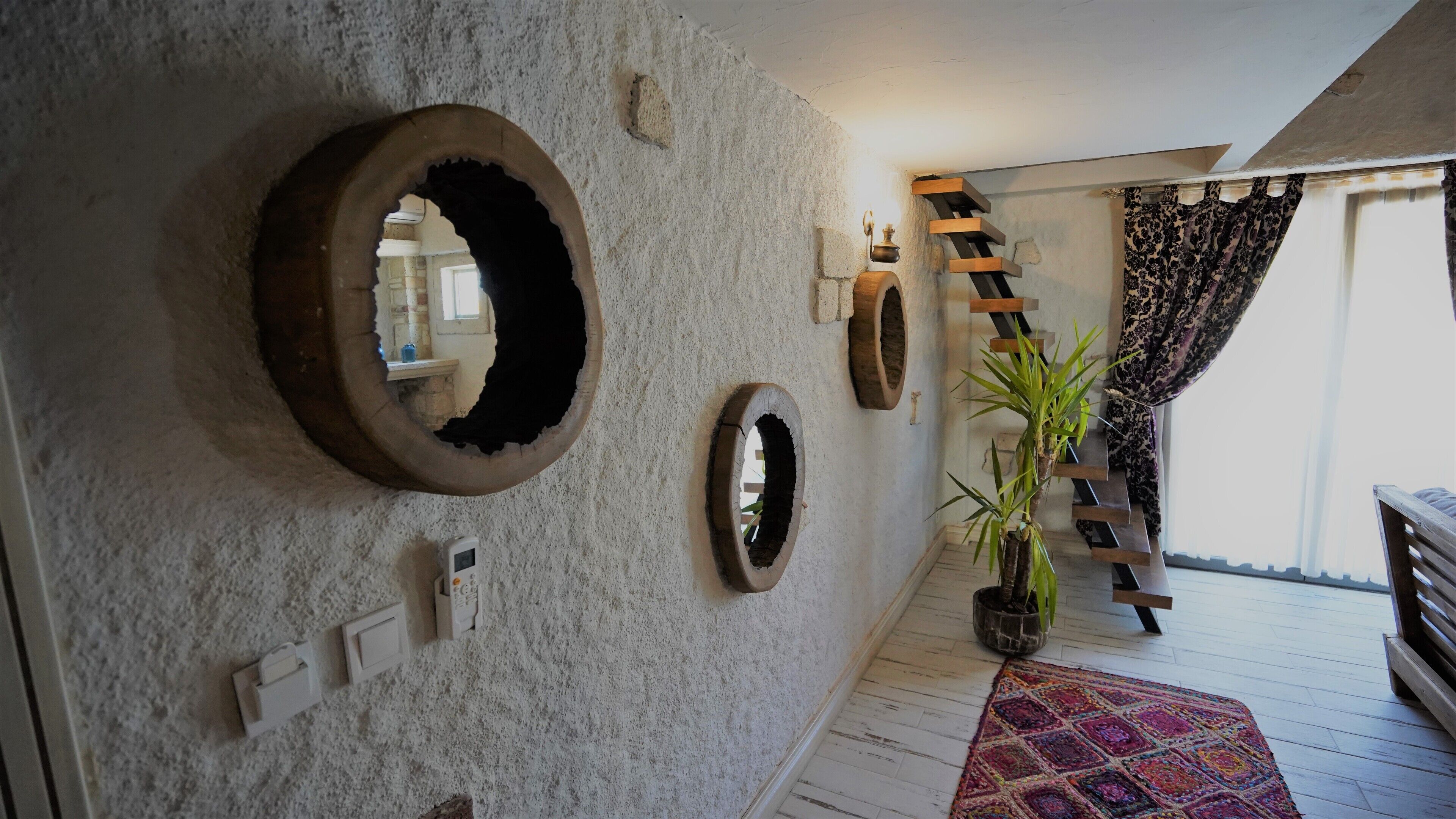 A hallway with circular wall decorations, a wooden staircase, and a potted plant.