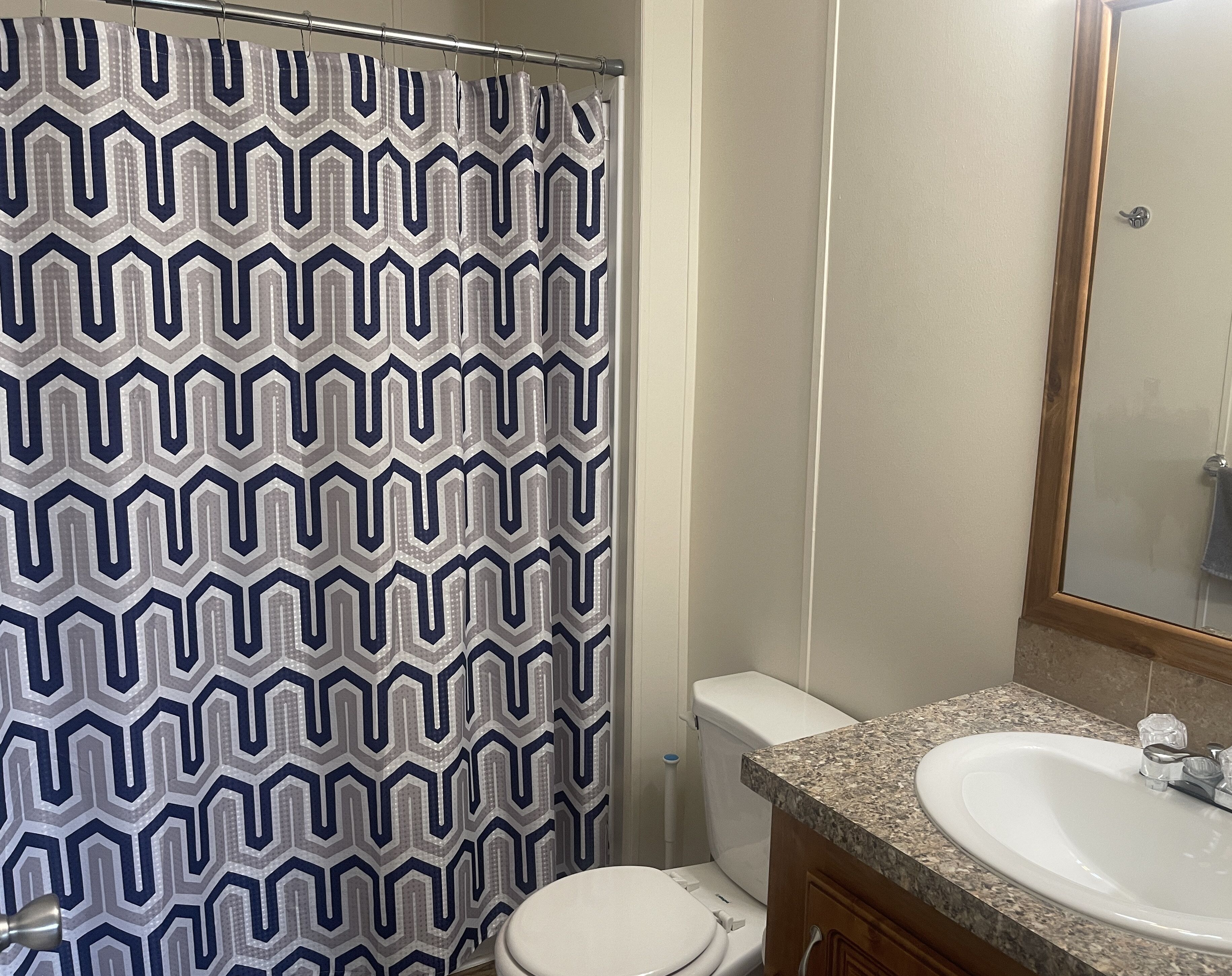 A bathroom with a patterned shower curtain, a white toilet, a sink with a granite countertop, and a mirror above the sink.