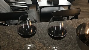 Una sala de estar con un sofá, una mesa de centro y dos copas de vino sobre una encimera de granito.