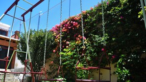 Ein Garten mit Schaukeln und einer Kletterwand.