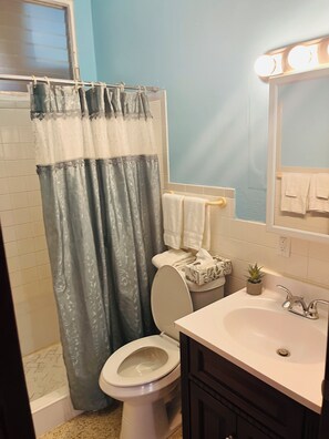 A bathroom with a shower curtain, a toilet, a sink, and a mirror with lights. - Cozy Caribbean Home Near Beaches (Christiansted)