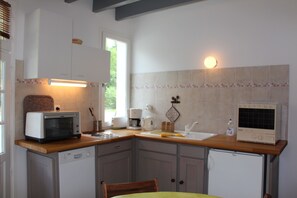 Coffee/tea maker, fridge, microwave, oven