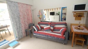 Un salon avec un canapé, une petite table, un téléviseur et une fenêtre avec des rideaux.