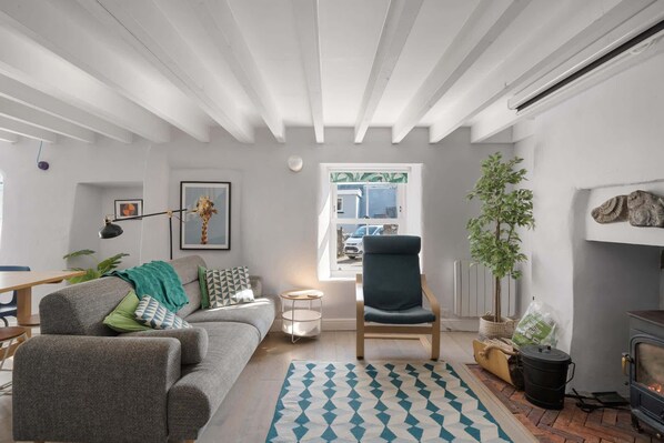 TV, fireplace, books, offices