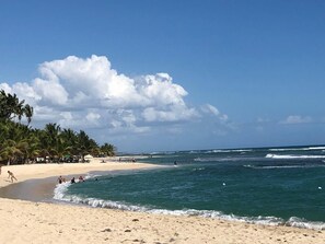 On the beach, sun loungers, beach towels