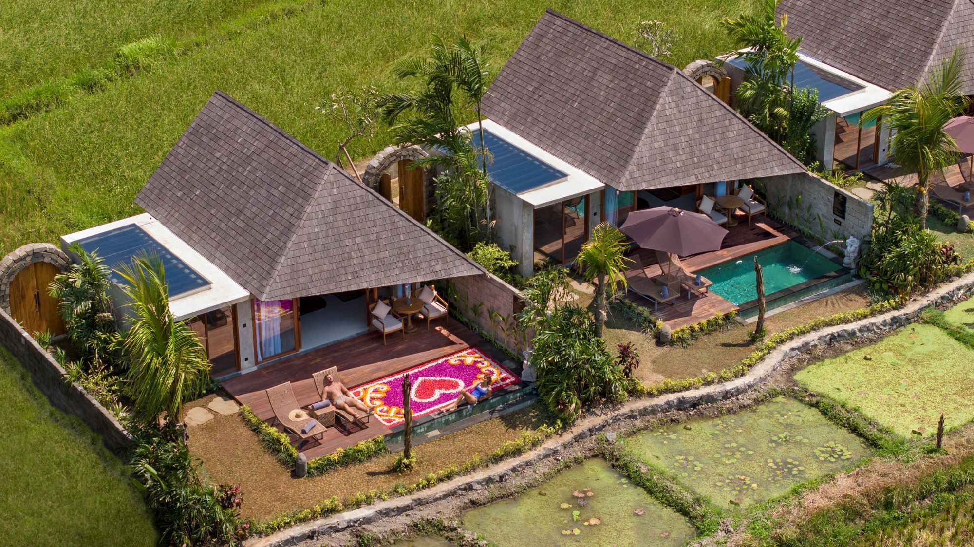 A resort with multiple bungalow-style buildings, each with a private pool and outdoor seating area.