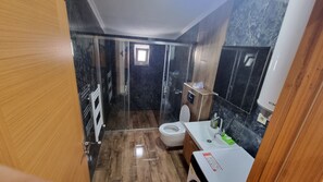A bathroom with a toilet, sink, and shower area.