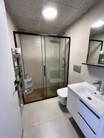 Un baño moderno con ducha de vidrio, un lavamanos blanco con un espejo encima y un inodoro.