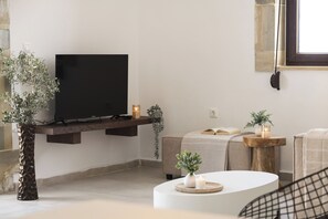 A living room with a flat-screen TV, a potted plant, a small table with candles, and a sofa.