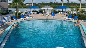 A swimming pool with clear blue water, surrounded by lounge chairs and umbrellas, with palm trees and a view of a body of water in the background.