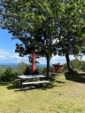 Un tavolo da picnic con un ombrello rosso sotto un albero, immerso nell'erba e con una vista panoramica.