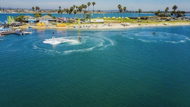 A coastal area with a marina, beach, and palm trees.