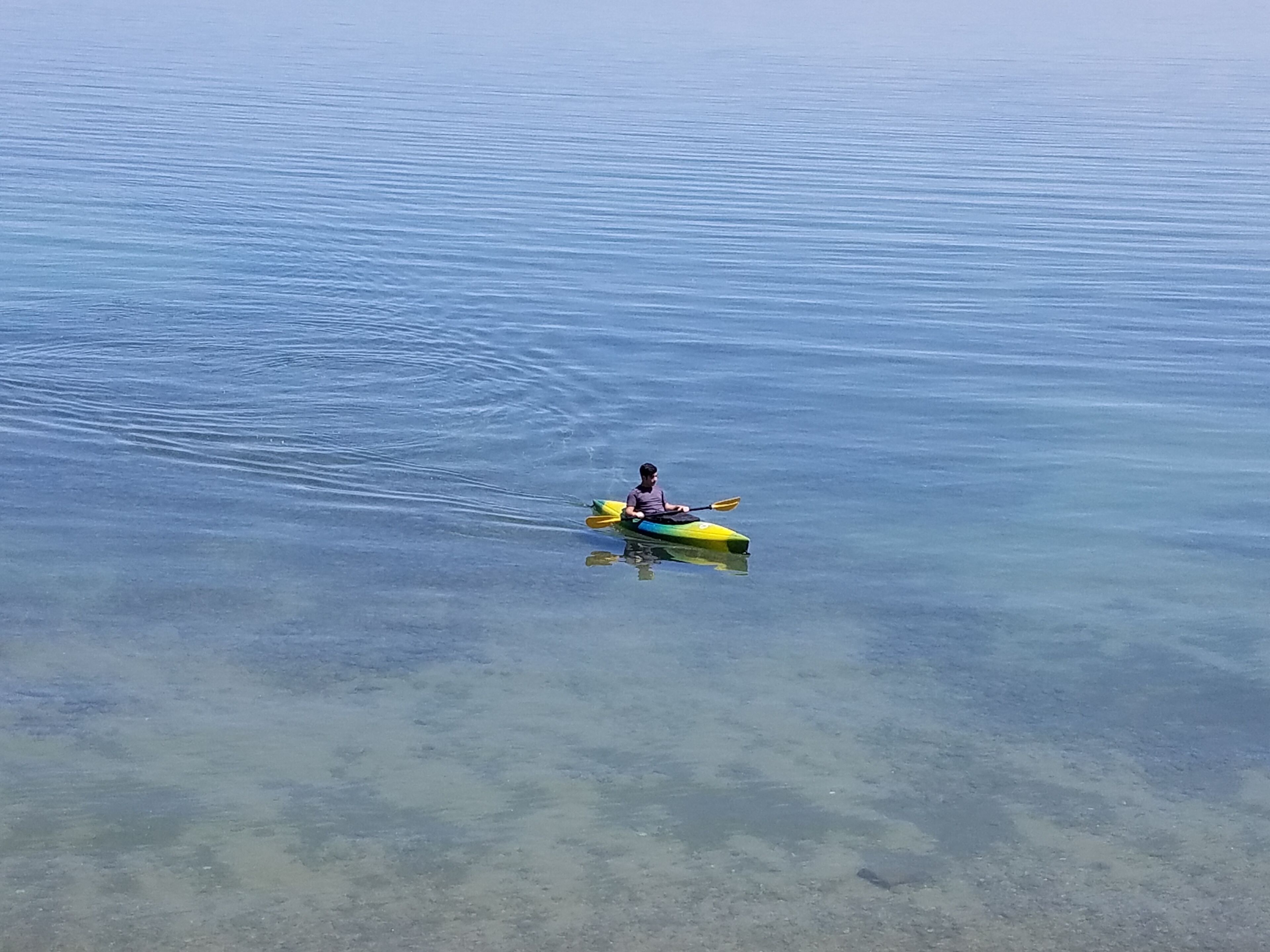 A person kayaking on a calm body of water.