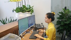 Mulher trabalhando em uma mesa com dois monitores, teclado e telefone. Há plantas e um vaso com flores na mesa.