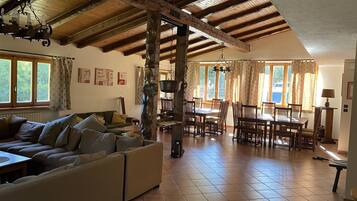 Televisión, chimenea y libros