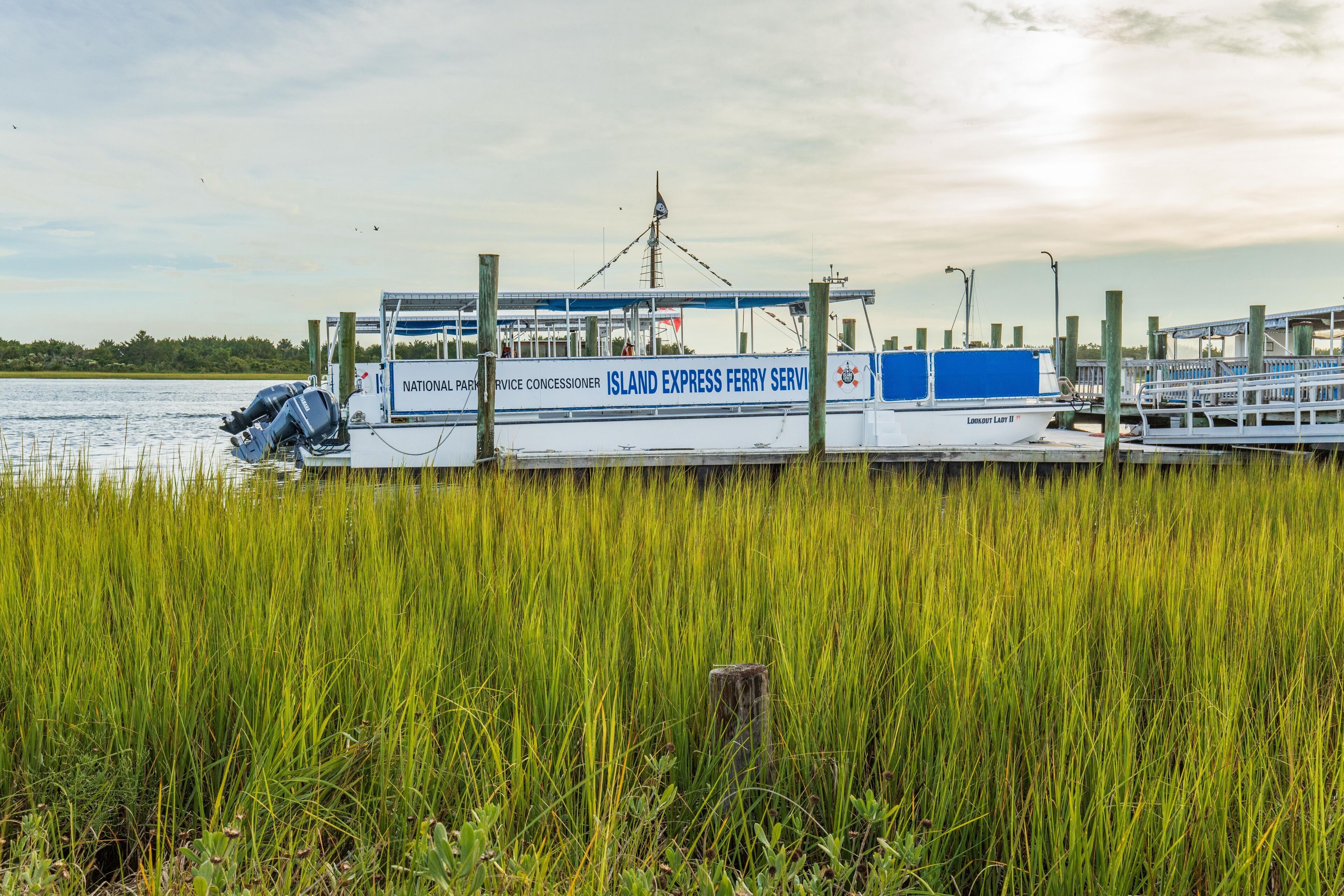 A ferry docked at a pier with a grassy foreground.