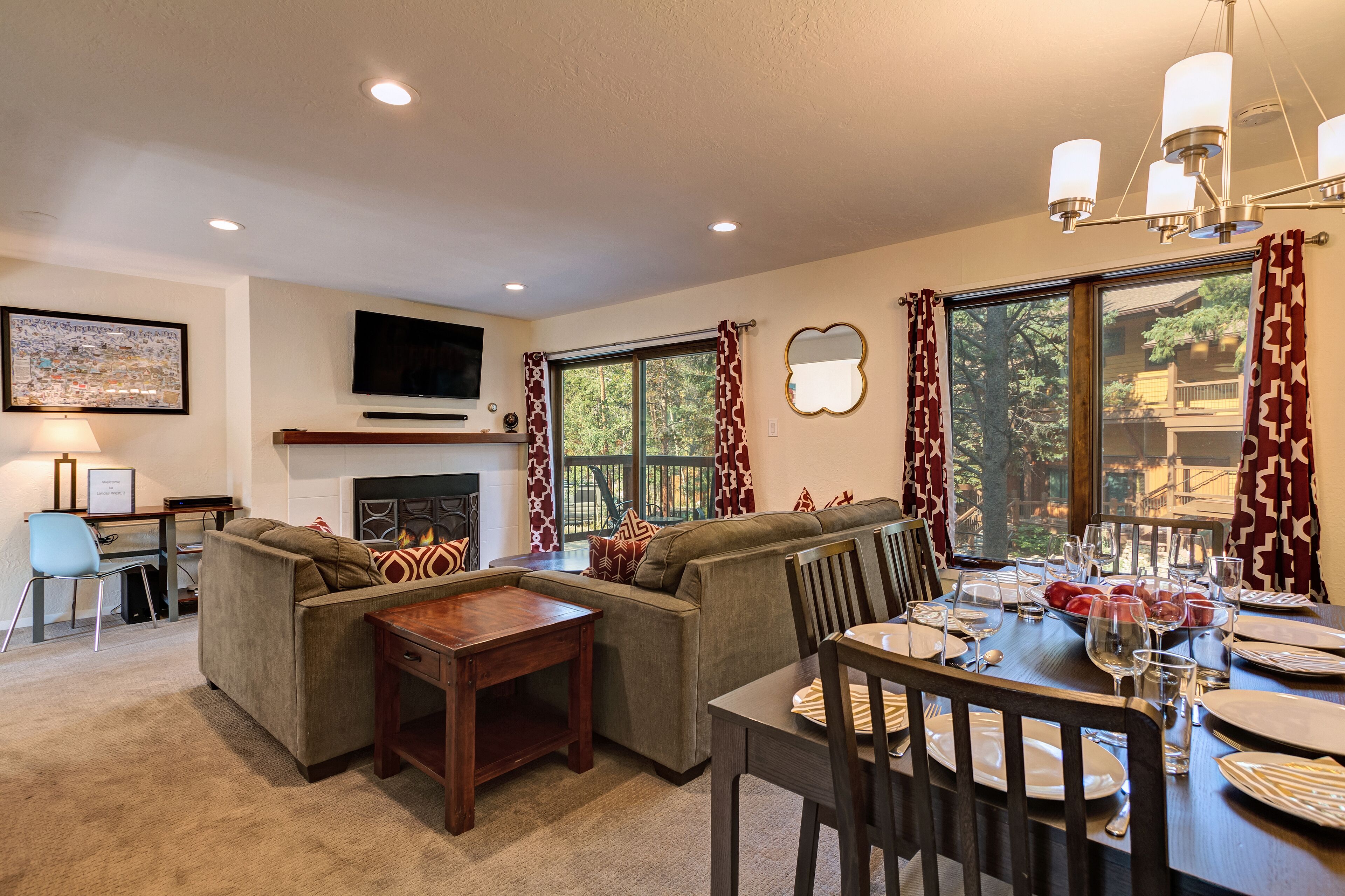 Smart TV, fireplace, books