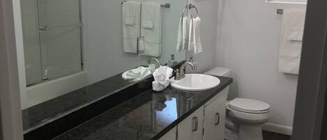 Combined shower/bathtub, hair dryer, towels, soap