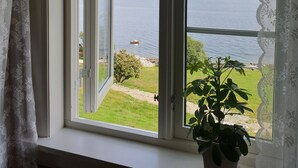 A window with a view of a lake and mountains, a potted plant on the windowsill, and white curtains. - Irenegarden (Volda)