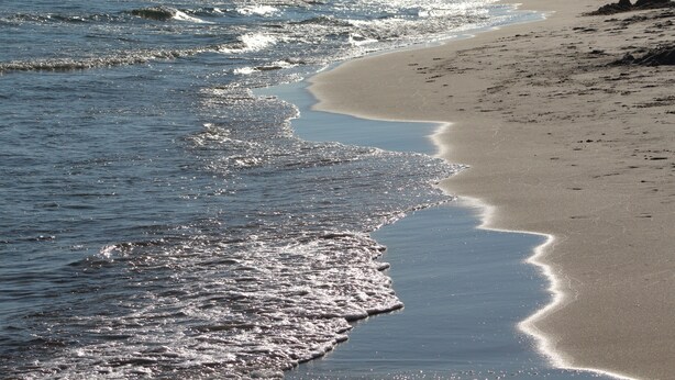 A beach with waves gently lapping onto the shore.