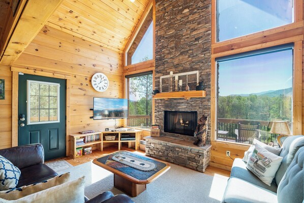 Smart TV, fireplace, video games, DVD player