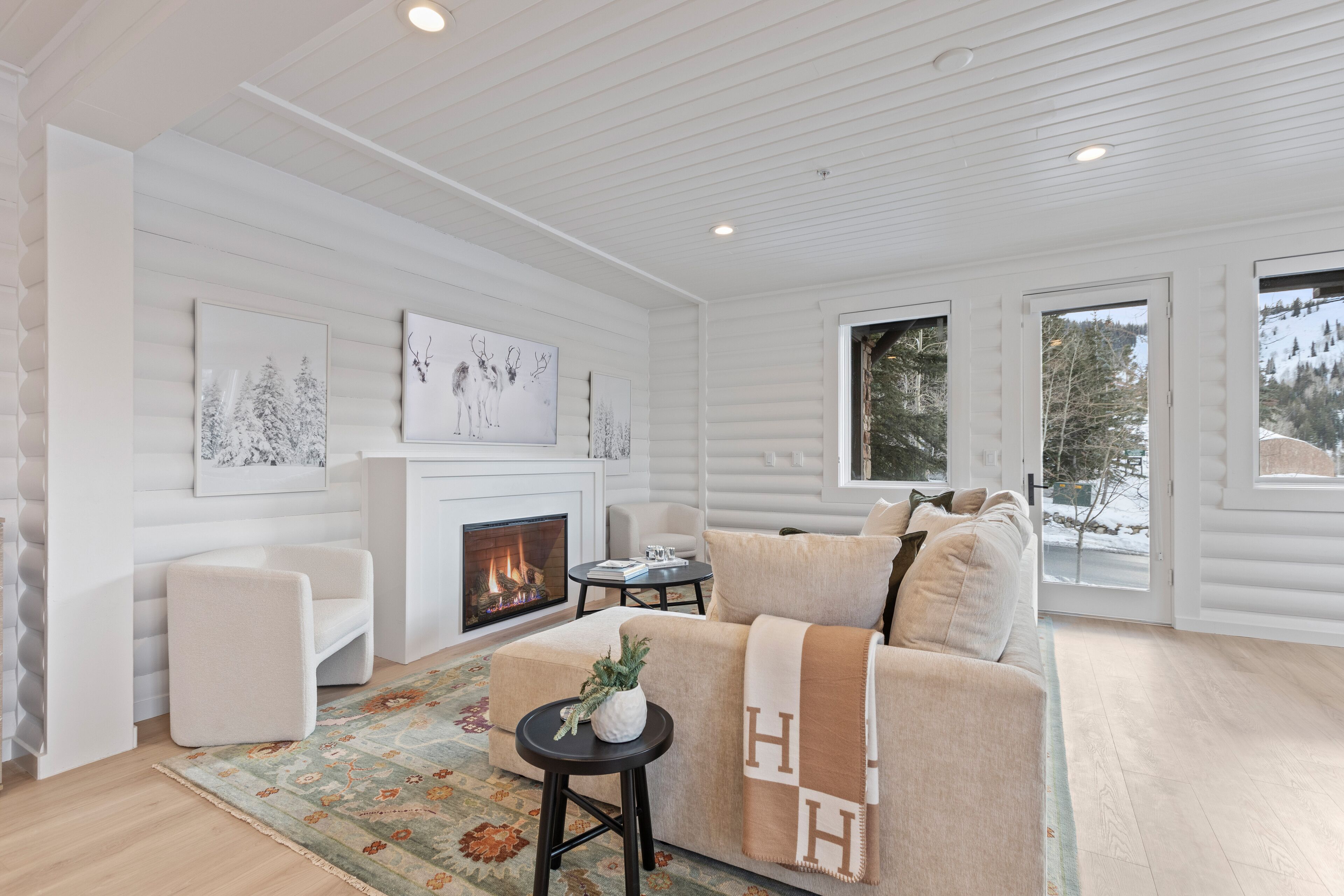 Televisio, takka, DVD-soitin, stereot