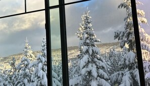 Guests can enjoy breathtaking views of snow-covered trees from the comfort of their room.