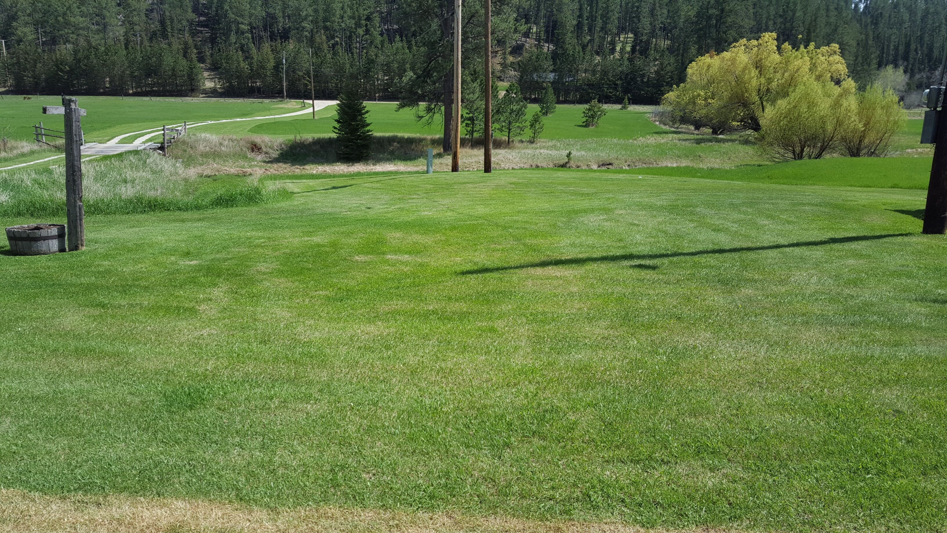 A well-maintained grassy area with a dirt path, surrounded by trees and a distant road.