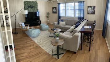 Smart TV, chimenea, reproductor de DVD y libros