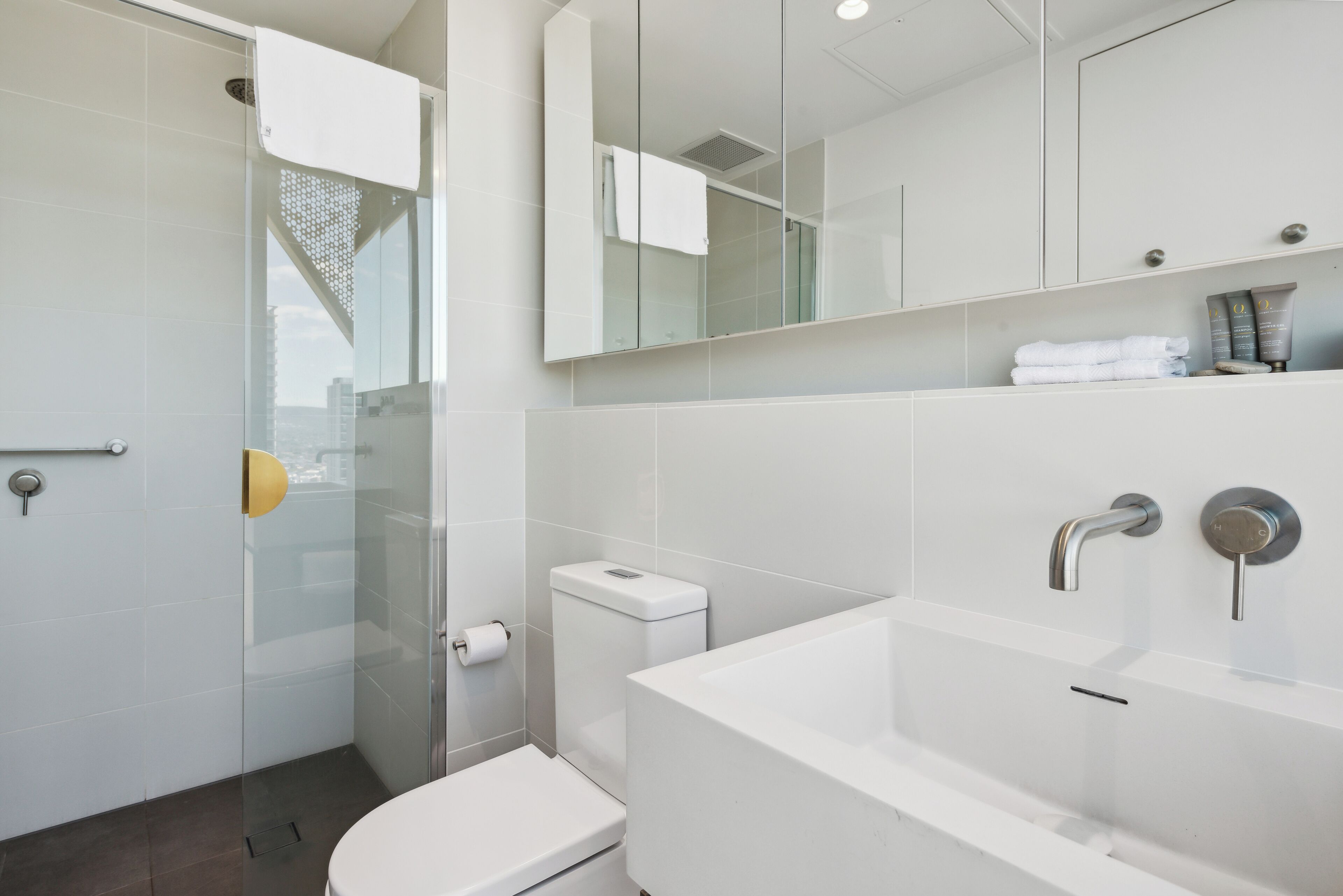 A modern bathroom with a glass shower enclosure, a toilet, a bathtub, and a large mirror.