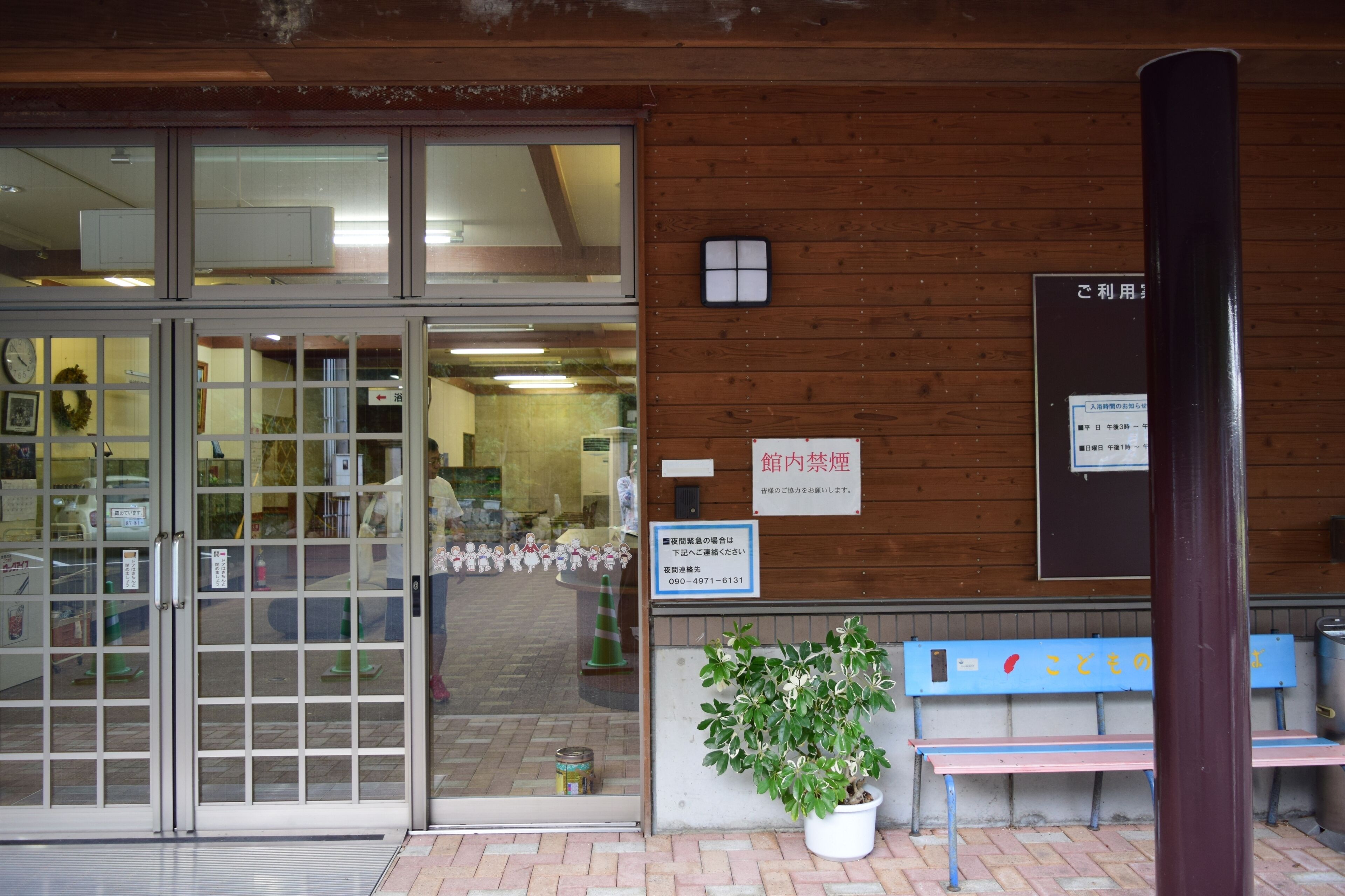 A building entrance with glass doors, a wooden wall, a bench, and a potted plant.