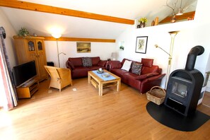 Ein gemütliches Wohnzimmer mit Holzboden, zwei roten Sofas, einem Couchtisch aus Holz, einer TV-Konsole, einem Kamin und einem Holzkasten.