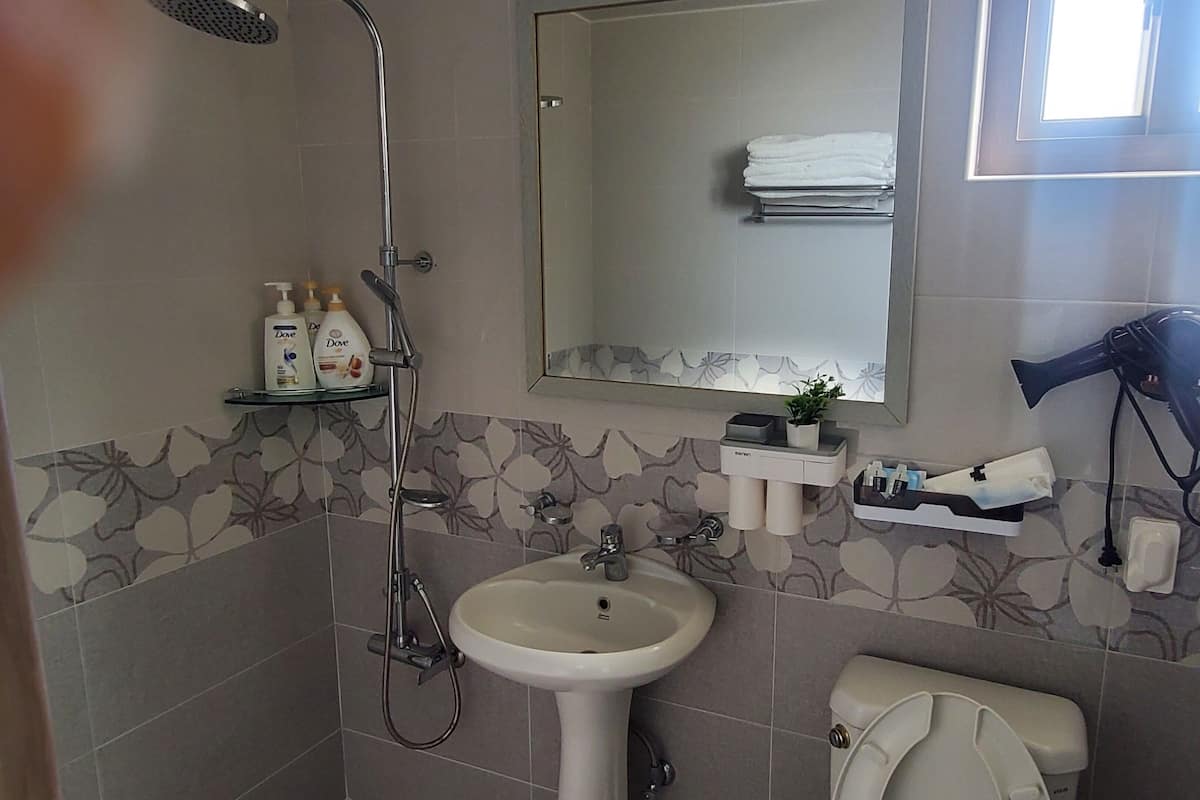Une salle de bain équipée d’un lavabo, de toilettes, d’une douche et d’un sèche-cheveux fixé au mur.