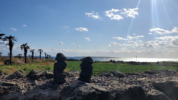 A coastal landscape with two stone statues, palm trees, and a view of the sea under a clear sky.
