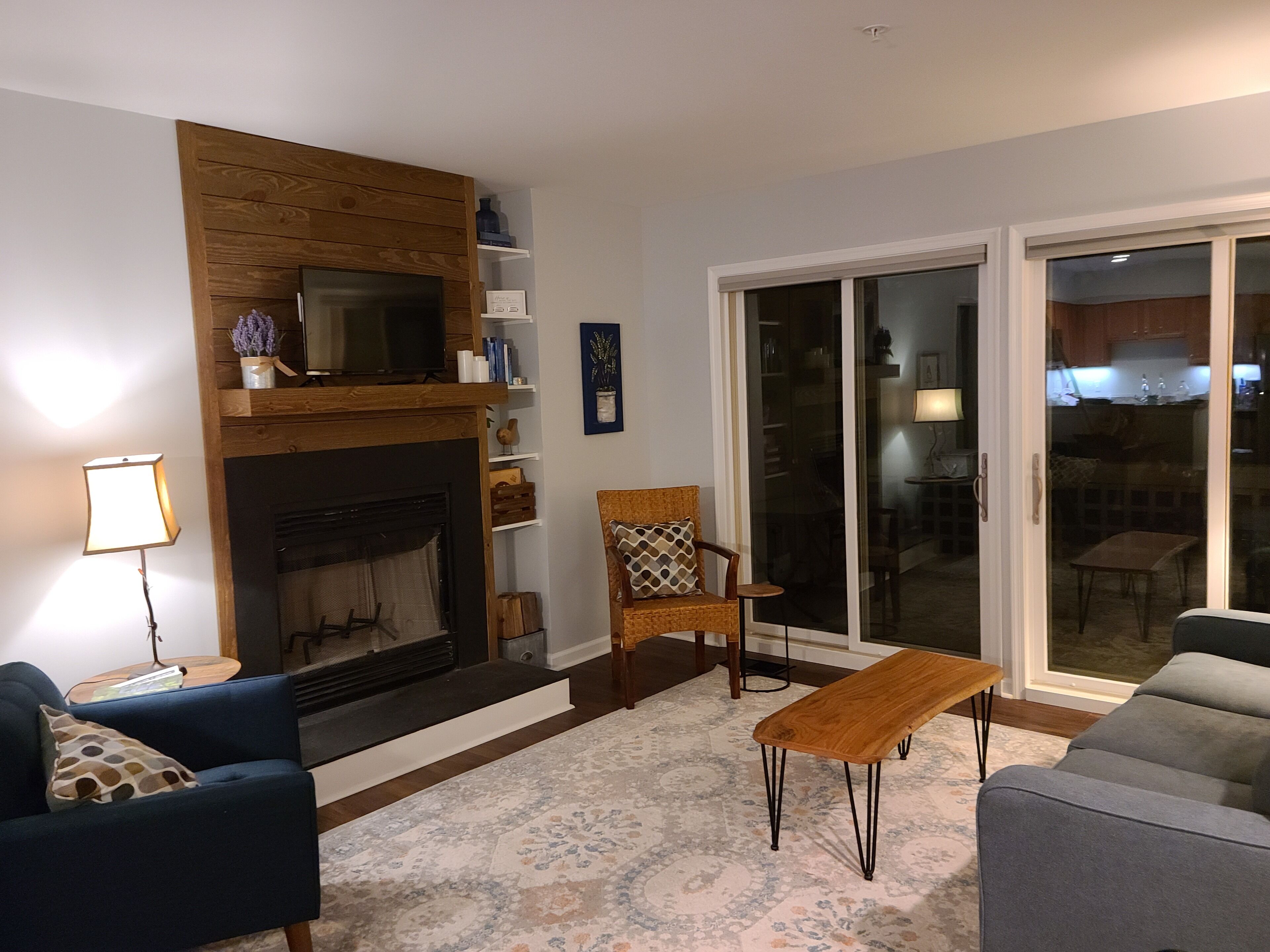 TV, fireplace, books