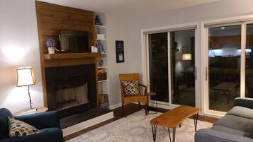 TV, fireplace, books