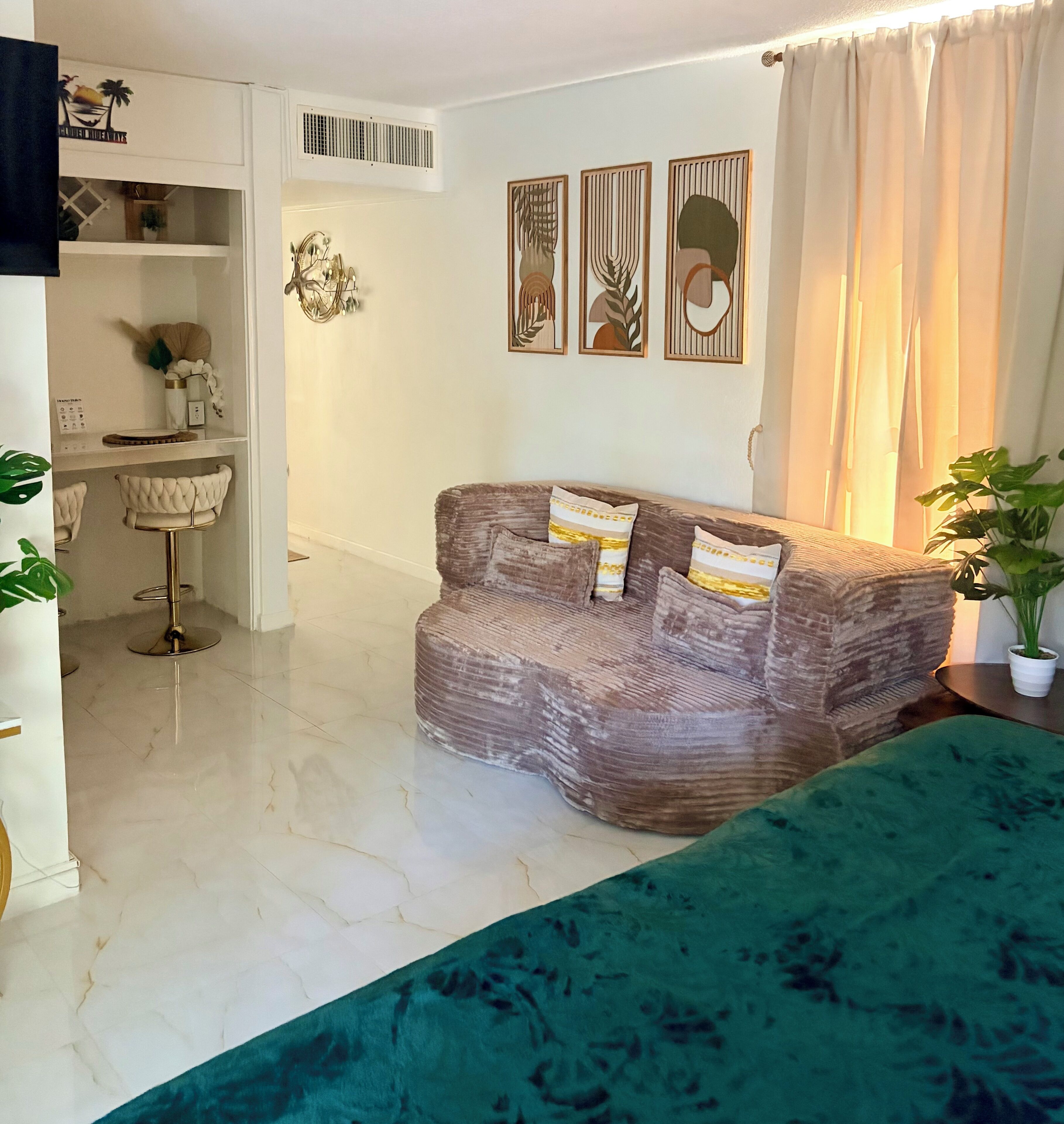 Un salon comprenant un canapé, une table basse, une plante en pot et un mur orné de tableaux.