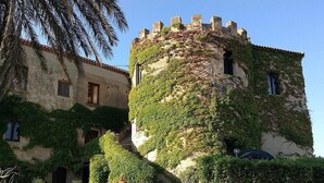 Un bâtiment historique aux murs recouverts de lierre et surmonté d’une tourelle.
