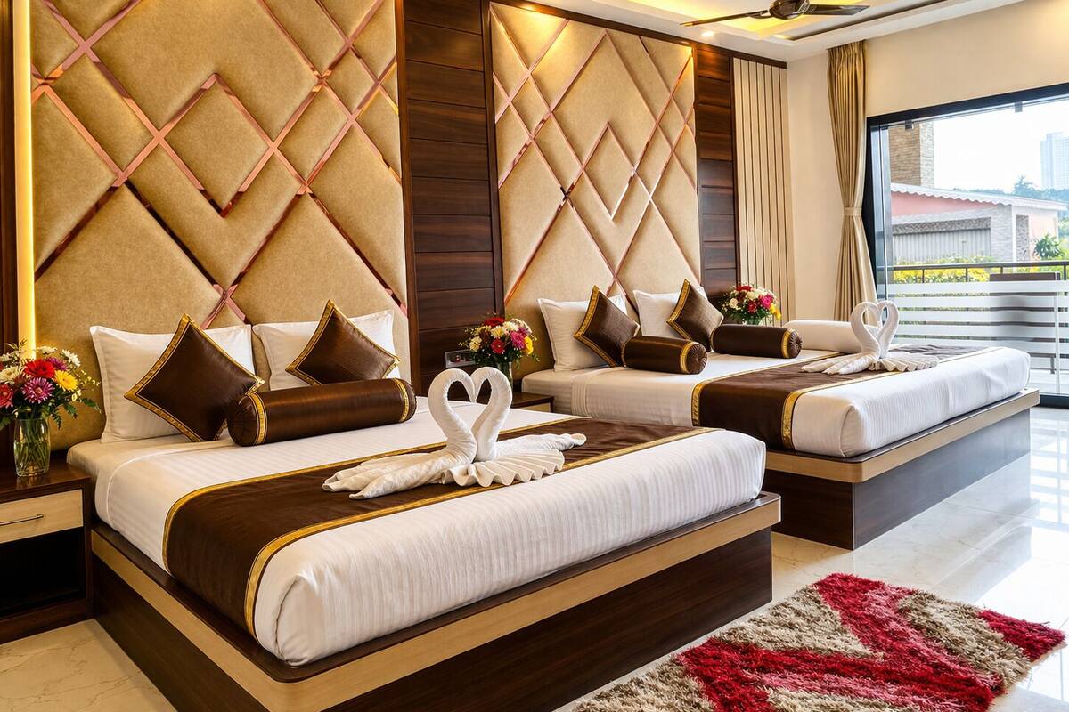 Habitación de hotel con dos camas, un ventanal grande y una alfombra roja y beige.