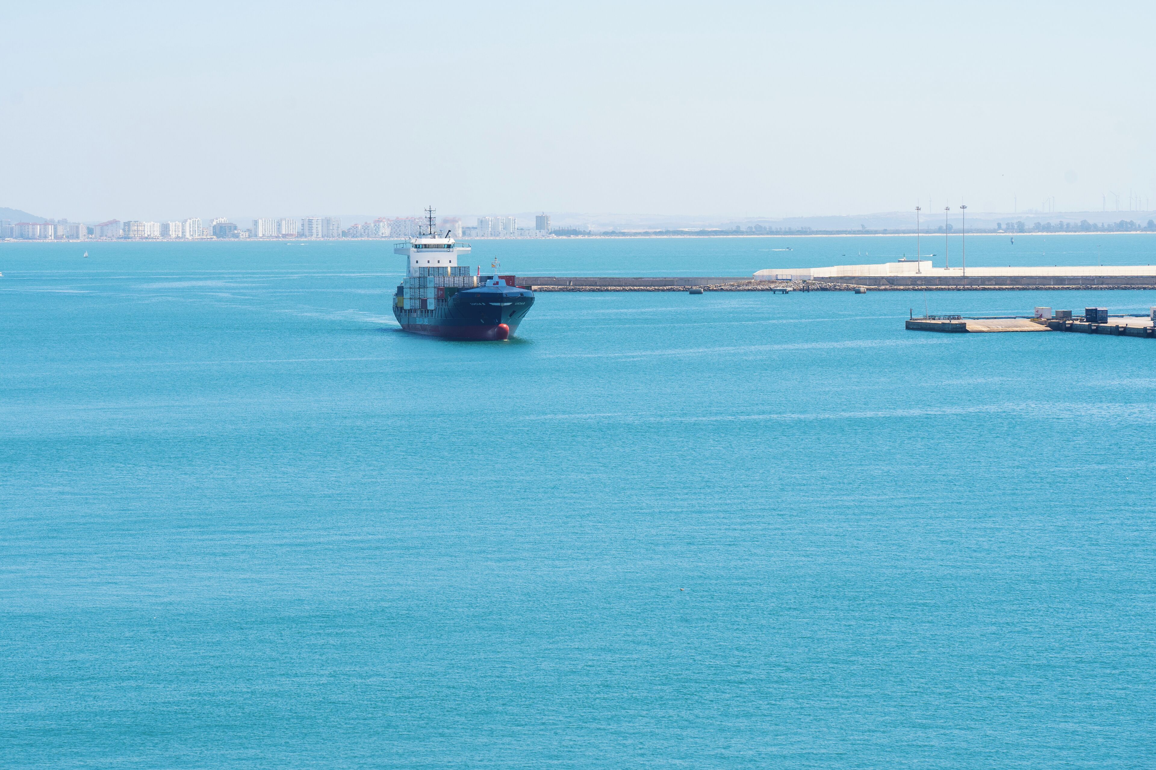 A large cargo ship in a calm body of water with a distant city skyline.