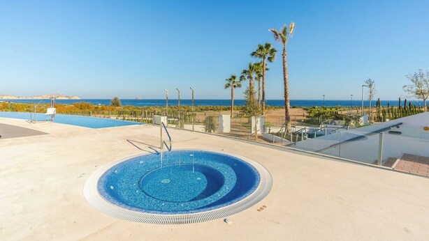 A swimming pool with a clear view of the ocean and palm trees in the background. - Apartamento Marion (Mar de Pulpi) (Almería)