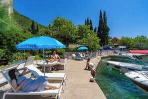 Ein Poolbereich mit Liegestühlen und Sonnenschirmen, einem wolkenlosen Himmel und Booten, die im Wasser liegen.
