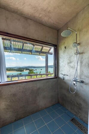 Quadruple Room, Non Smoking, Sea View | Bathroom | Shower, hair dryer, slippers, electronic bidet - Tree-house Hotel Morinosubako (Nakijin)