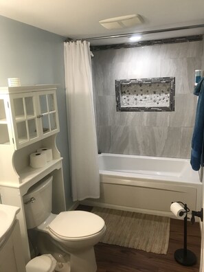 Ensemble douche/baignoire, sèche-cheveux, serviettes fournies, savon