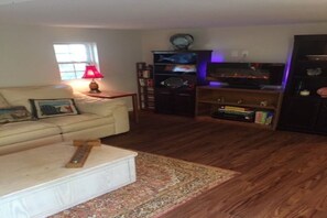 Tv, eldstad, dvd-spelare och böcker