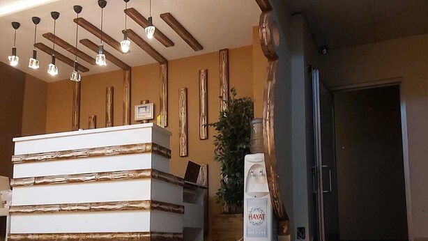 A reception desk with a modern design, a large potted plant, and a water dispenser. - Otel Bostanci (Izmit)