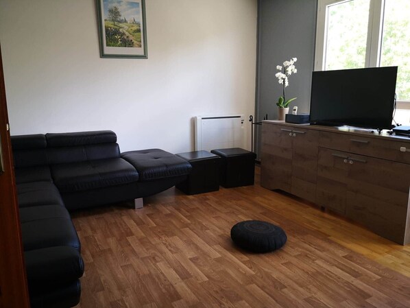 Een televisie, boeken en een stereo