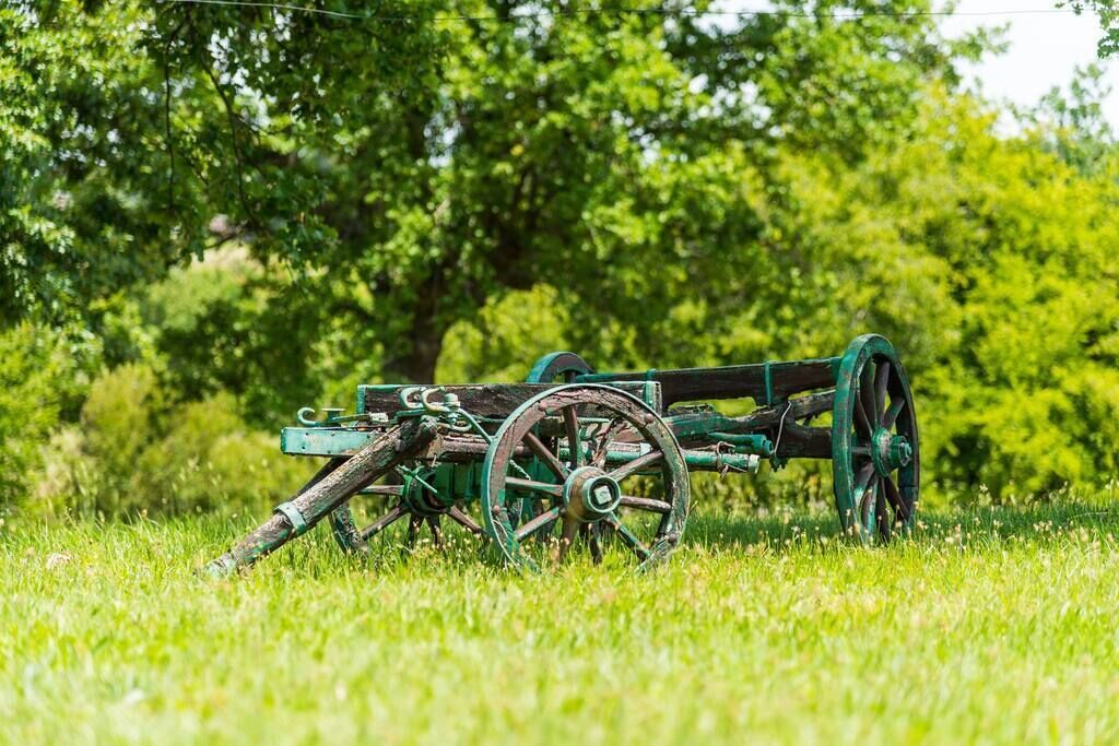 An old-fashioned wooden cart with large wheels in a grassy field.